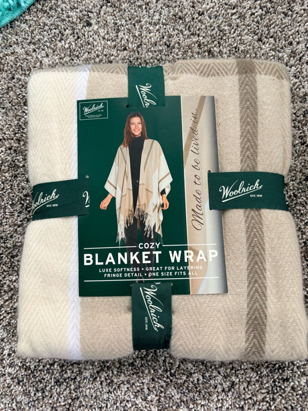 Woolrich Neutral Herringbone Blanket Wrap in Cream and Tan